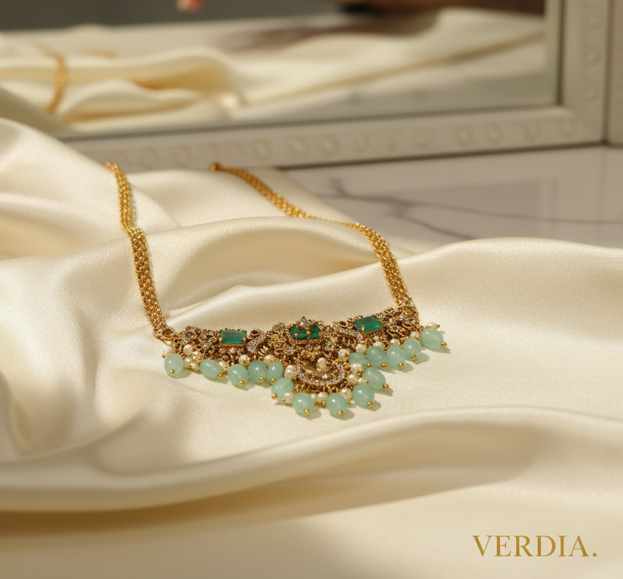 Gold-Tone Peacock Moon Shape AD Choker with Mint Green Stone for Women - Glossy Finish