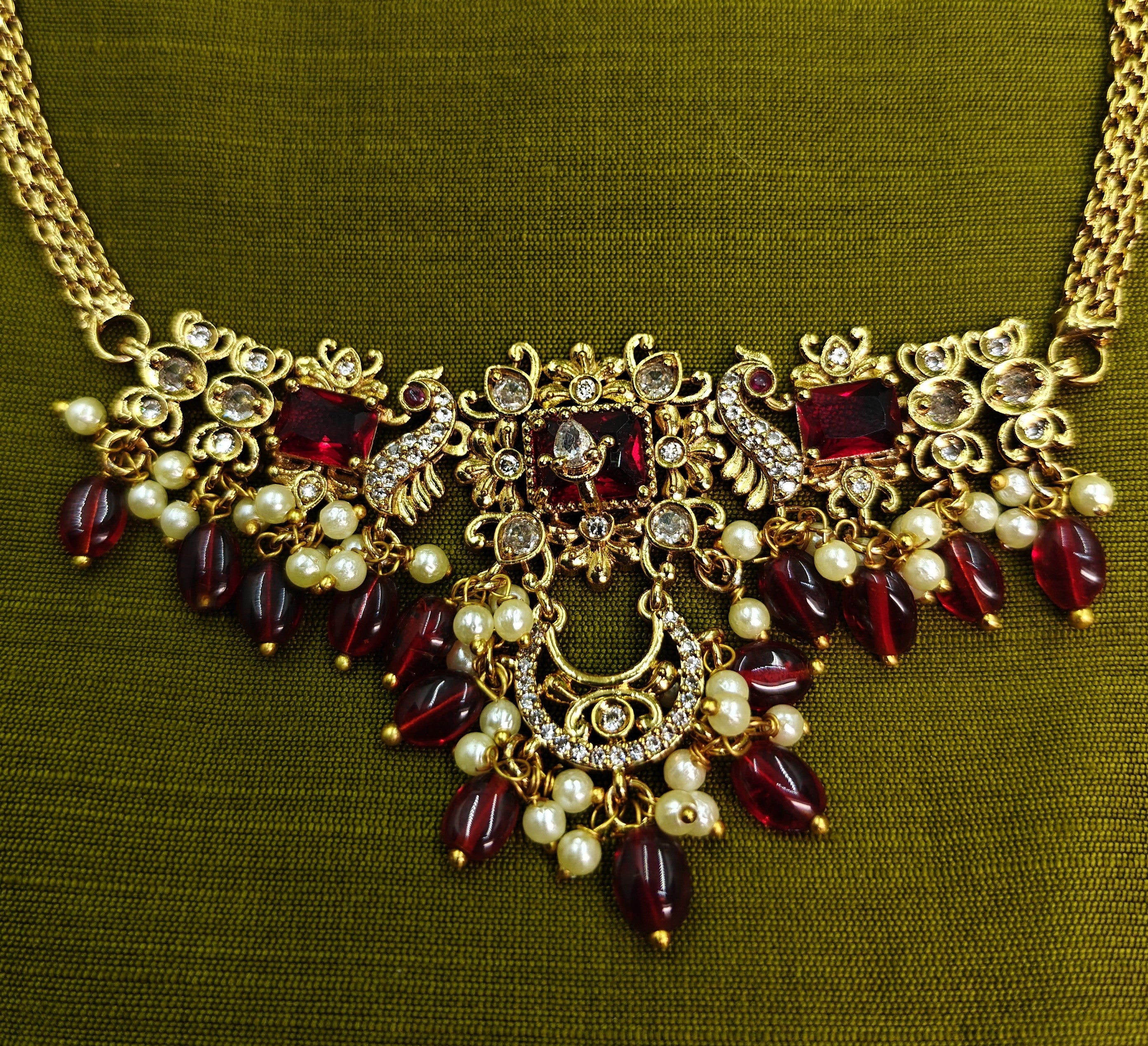 Gold-Tone Peacock Moon Shape AD Choker with Ruby Red Stone for Women - Glossy Finish