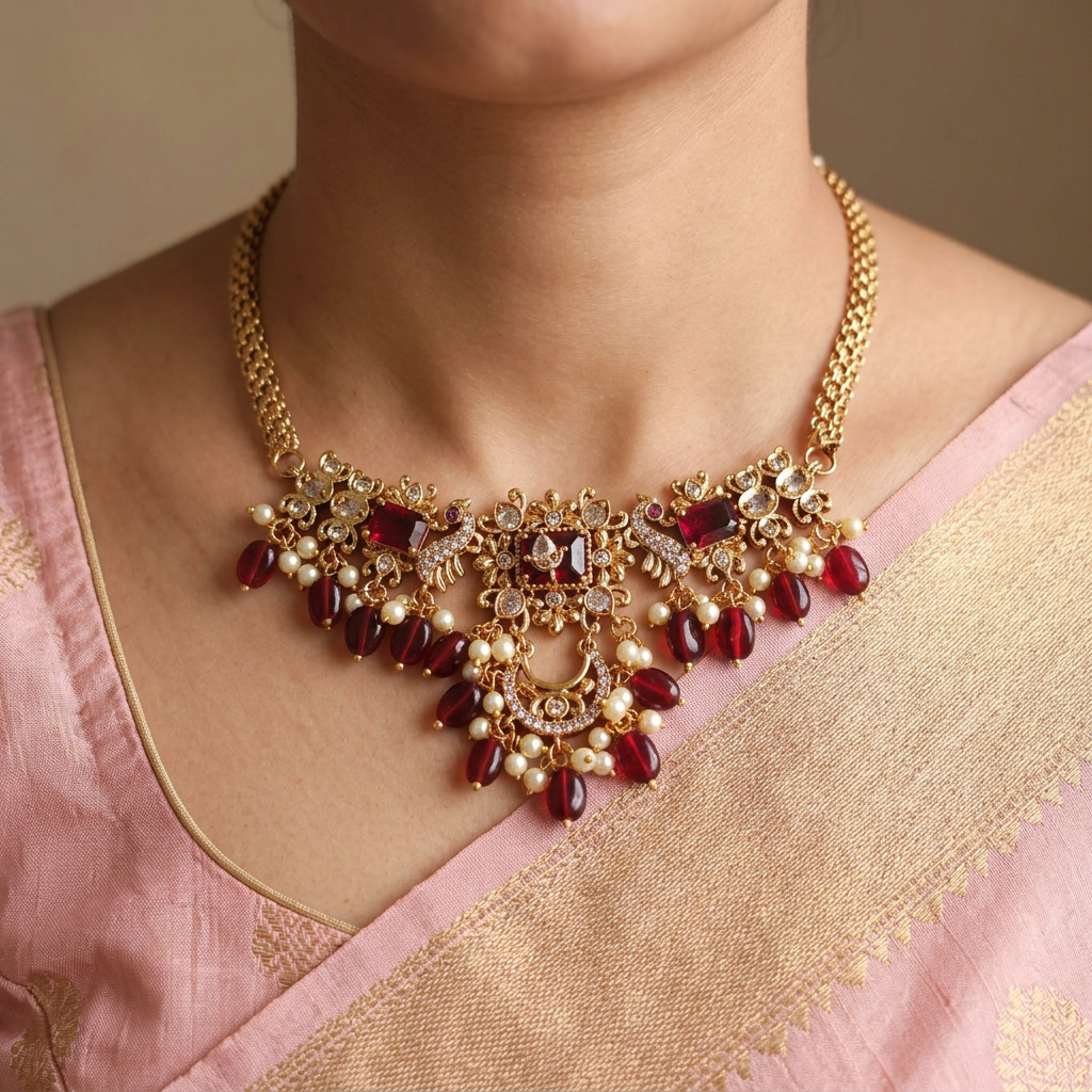 Gold-Tone Peacock Moon Shape AD Choker with Ruby Red Stone for Women - Glossy Finish