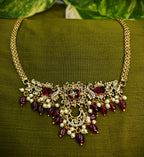 Gold-Tone Peacock Moon Shape AD Choker with Ruby Red Stone for Women - Glossy Finish