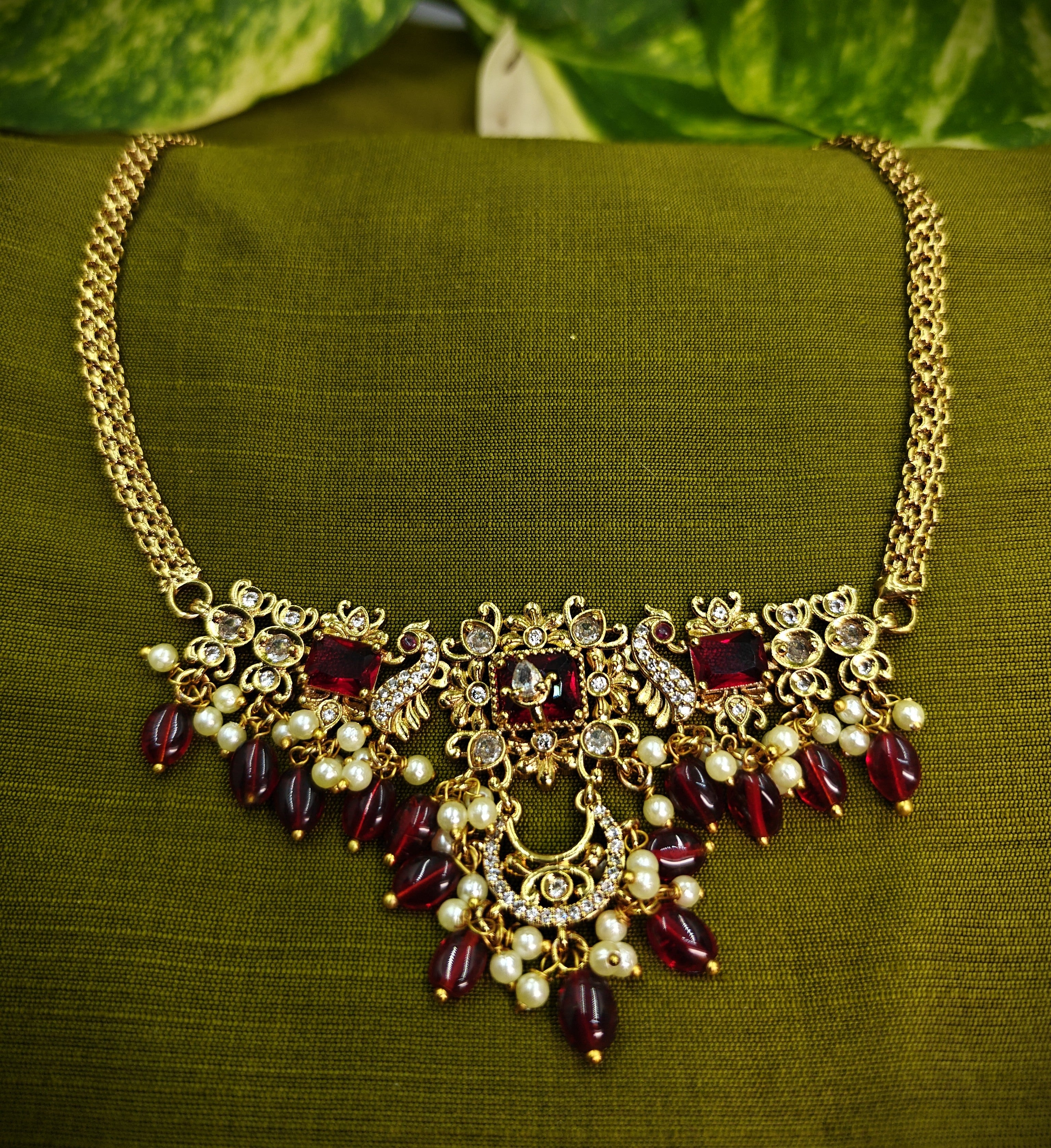Gold-Tone Peacock Moon Shape AD Choker with Ruby Red Stone for Women - Glossy Finish