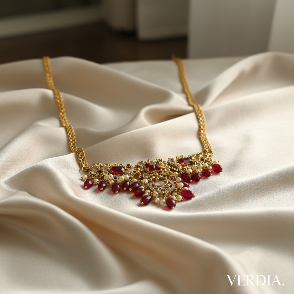Gold-Tone Peacock Moon Shape AD Choker with Ruby Red Stone for Women - Glossy Finish