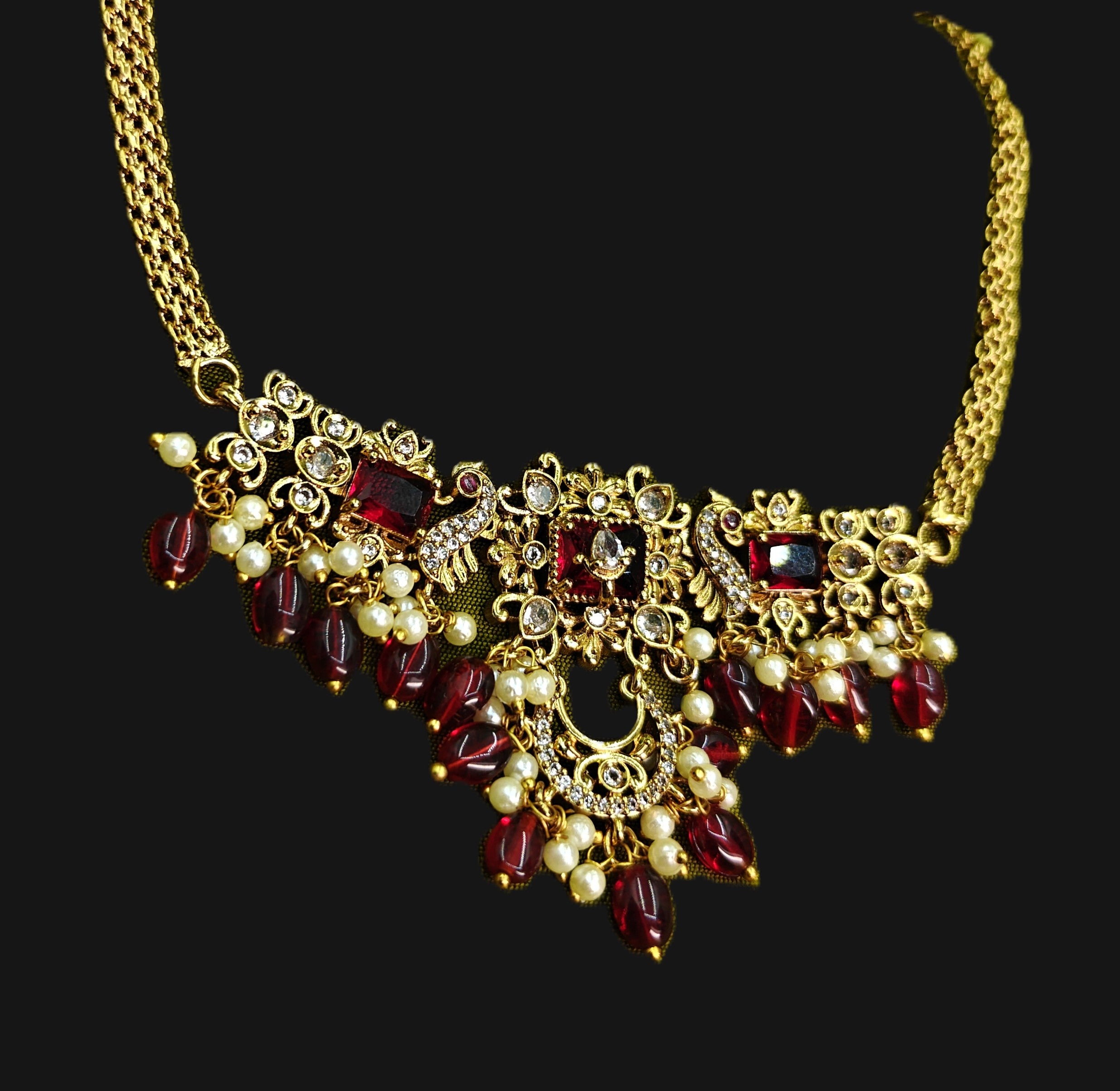 Gold-Tone Peacock Moon Shape AD Choker with Ruby Red Stone for Women - Glossy Finish