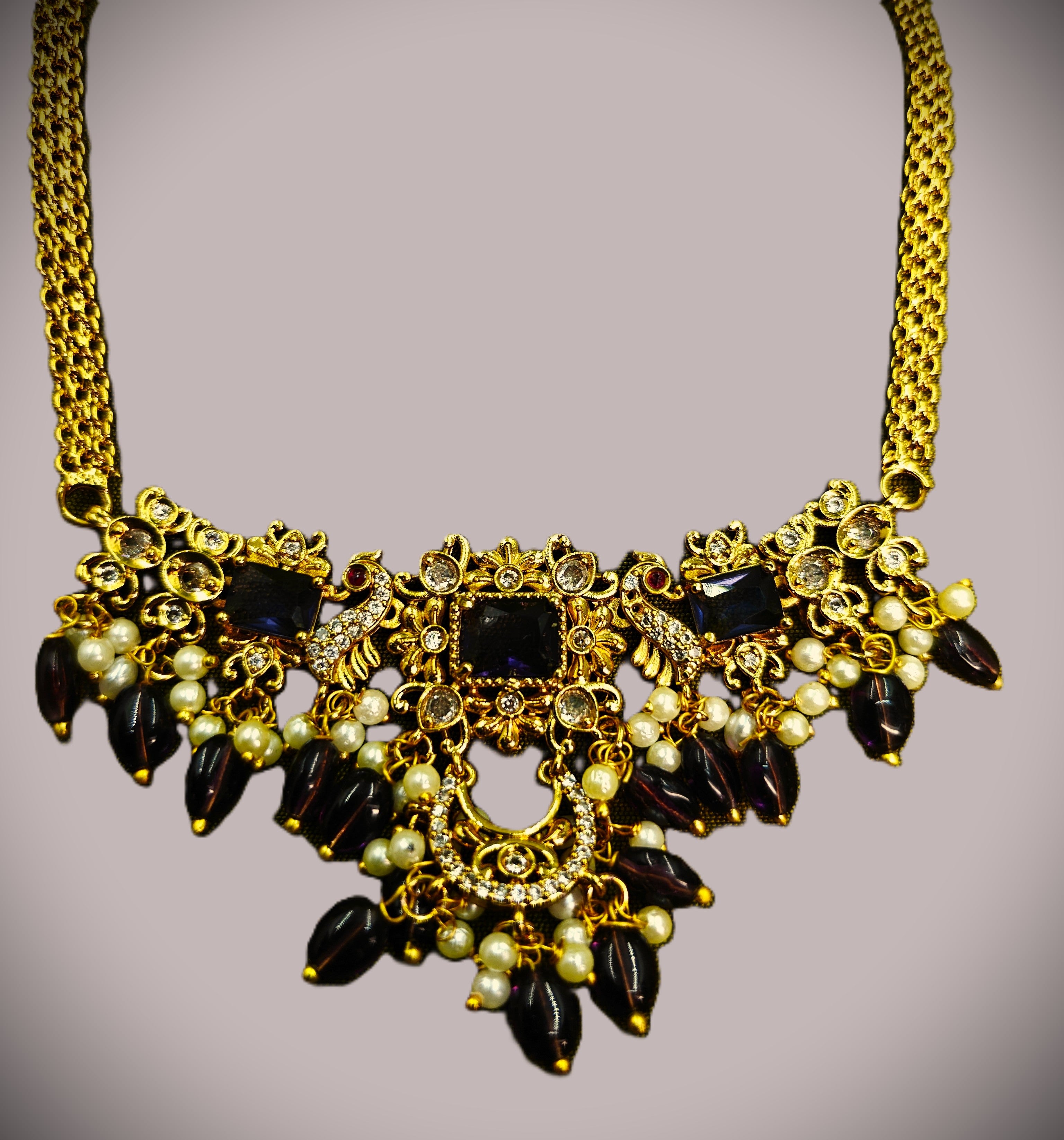 Gold-Tone Peacock Moon Shape AD Choker with Amethyst Purple Stone for Women - Glossy Finish