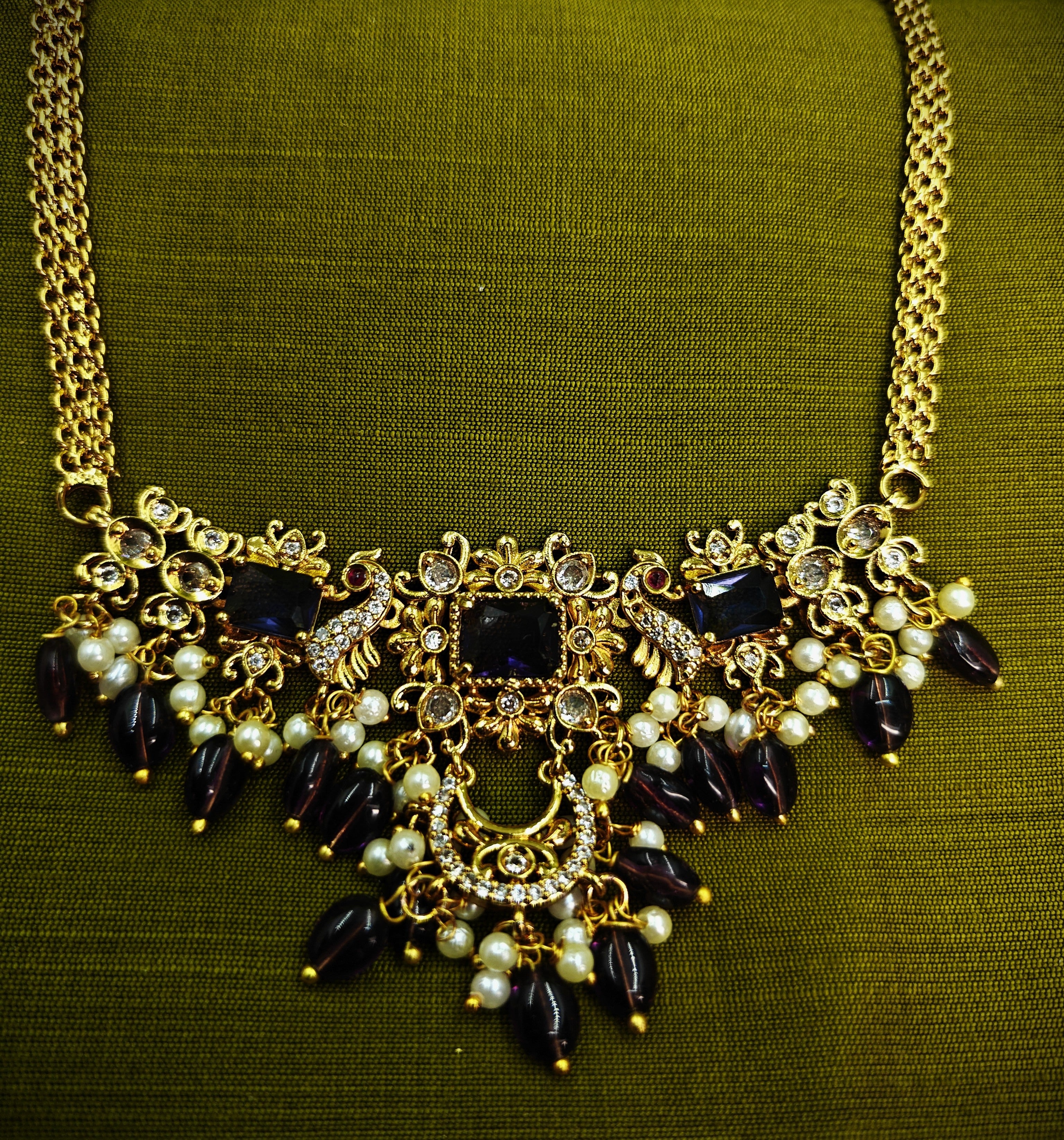 Gold-Tone Peacock Moon Shape AD Choker with Amethyst Purple Stone for Women - Glossy Finish