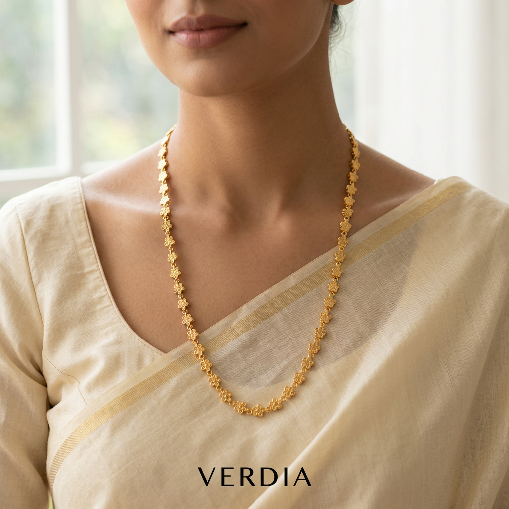 Gold-Tone Flower Linked Chain for Women - Glossy Finish (21.5 Inches)