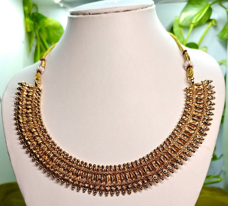 Ethnic Gold-Plated South Indian Antique Gold Bead Necklace Set with Star Earrings for Women - Antique Finish / Non-Idol