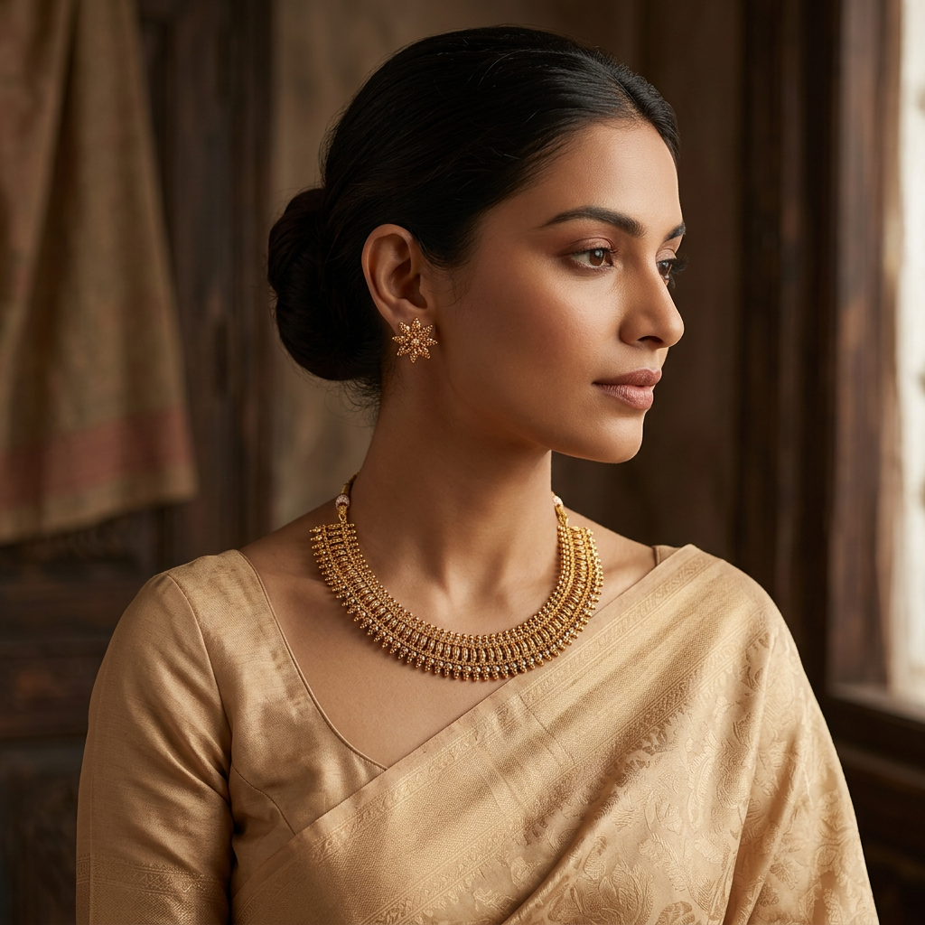 Ethnic Gold-Plated South Indian Antique Gold Bead Necklace Set with Star Earrings for Women - Antique Finish / Non-Idol