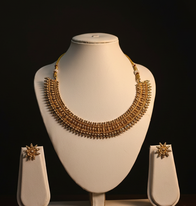 Ethnic Gold-Plated South Indian Antique Gold Bead Necklace Set with Star Earrings for Women - Antique Finish / Non-Idol