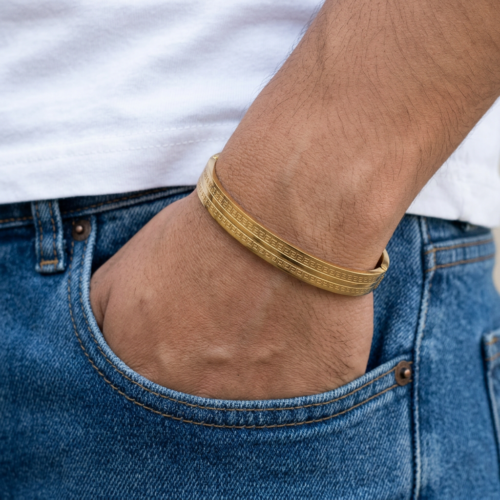 Gold-Tone Engraved Pattern Hinged Bangle for Men - Glossy Finish