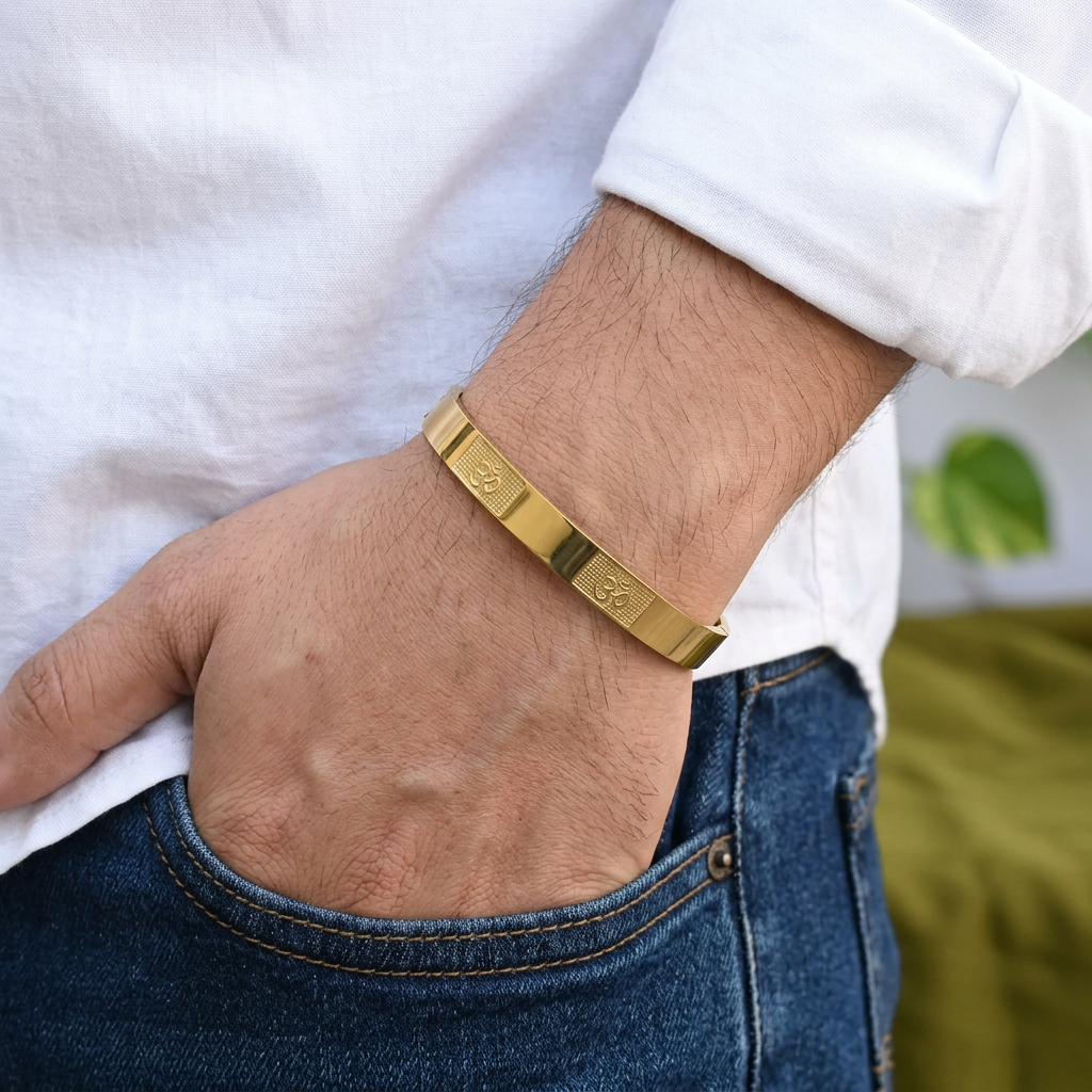 Gold-Tone Classic Om Symbol Hinged Bangle for Men- Glossy Finish