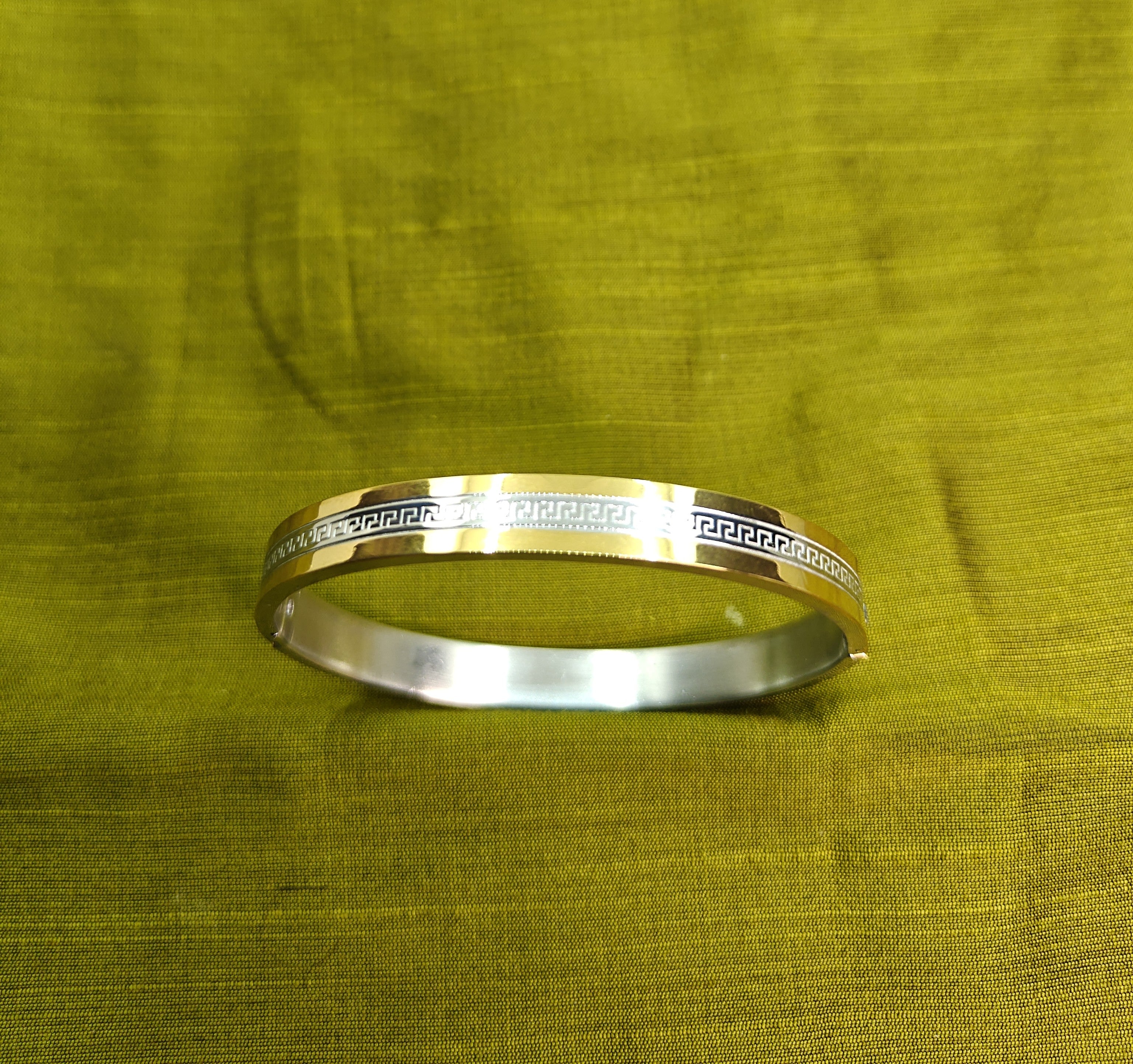 Gold-Tone Greek Key Two tone Hinged Bangle for Men