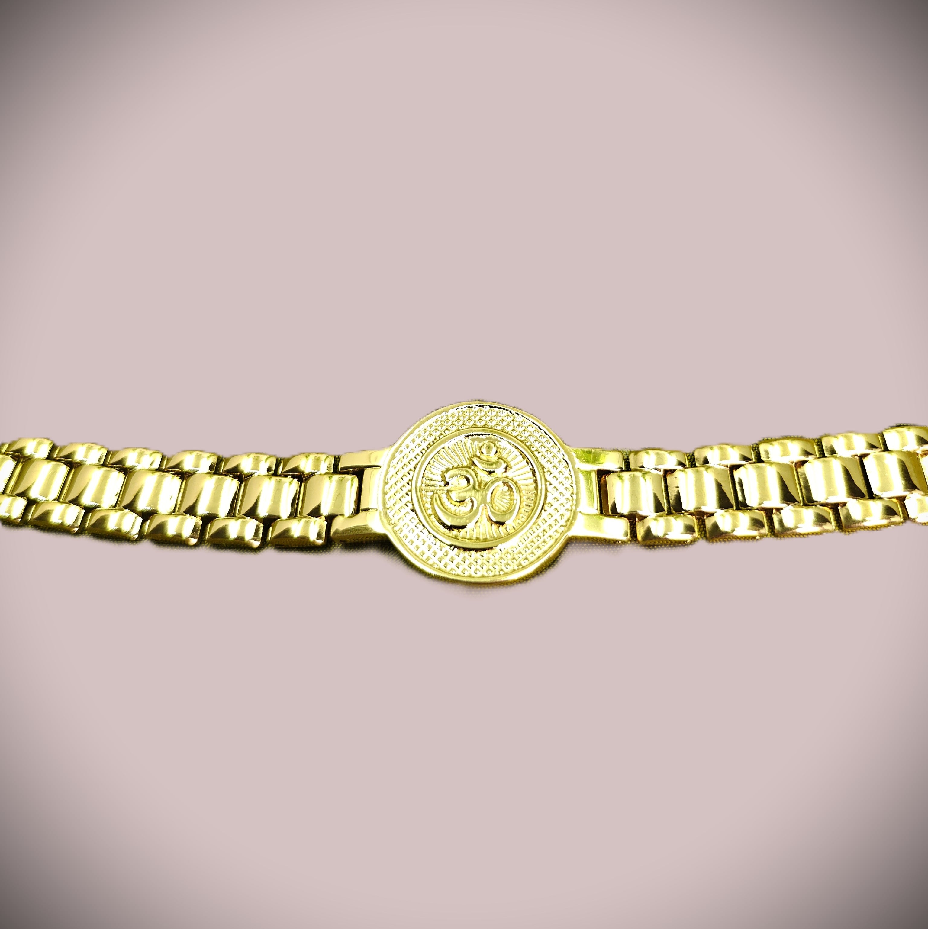Gold-Tone Om Medallion Link Bracelet for Men- Glossy Finish