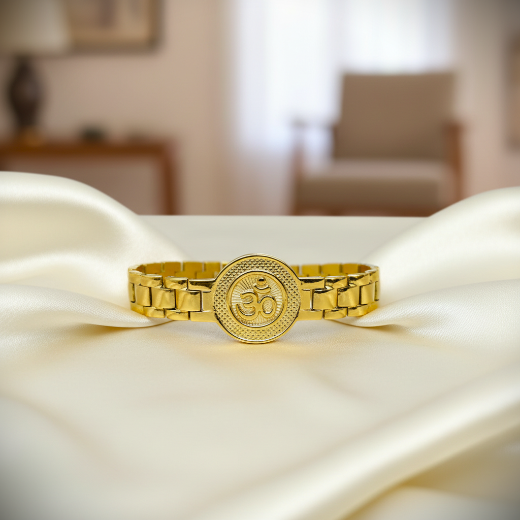 Gold-Tone Om Medallion Link Bracelet for Men- Glossy Finish