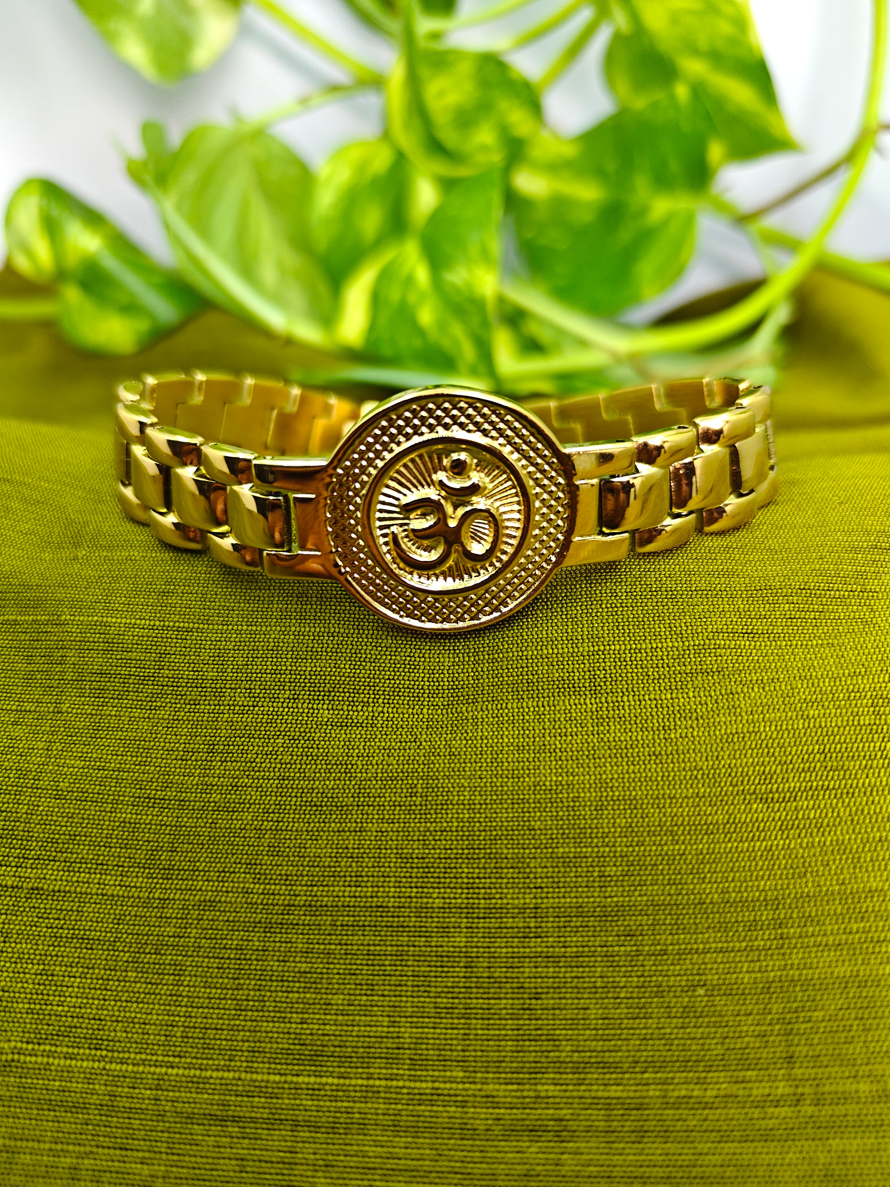 Gold-Tone Om Medallion Link Bracelet for Men- Glossy Finish