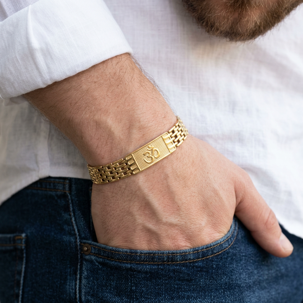 Gold-Tone Om Rectangular Jubilee Chain Bracelet for Men- Glossy Finish