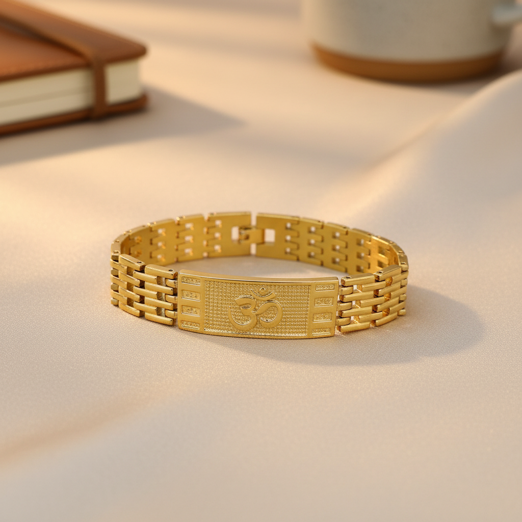 Gold-Tone Om Rectangular Jubilee Chain Bracelet for Men- Glossy Finish
