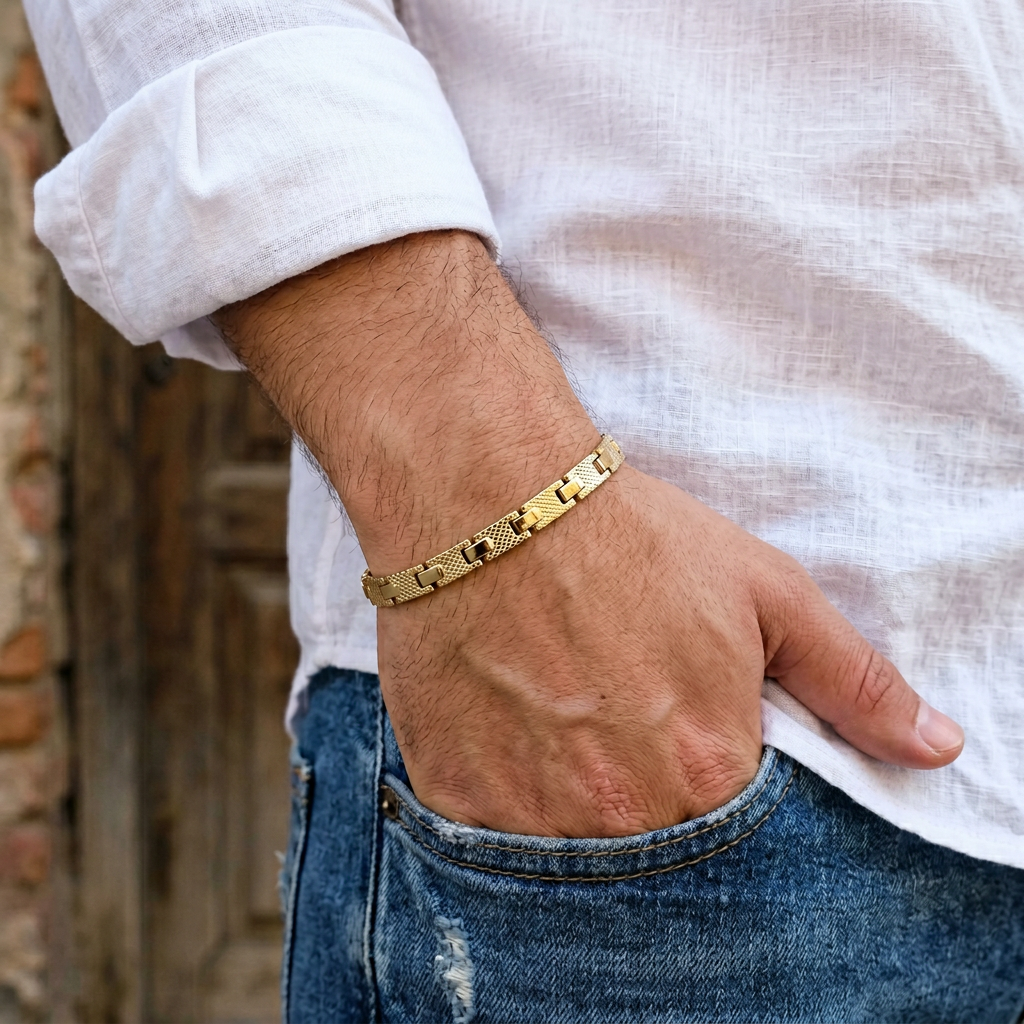 Gold-Tone Brick Pattern Watch Chain Bracelet for Men