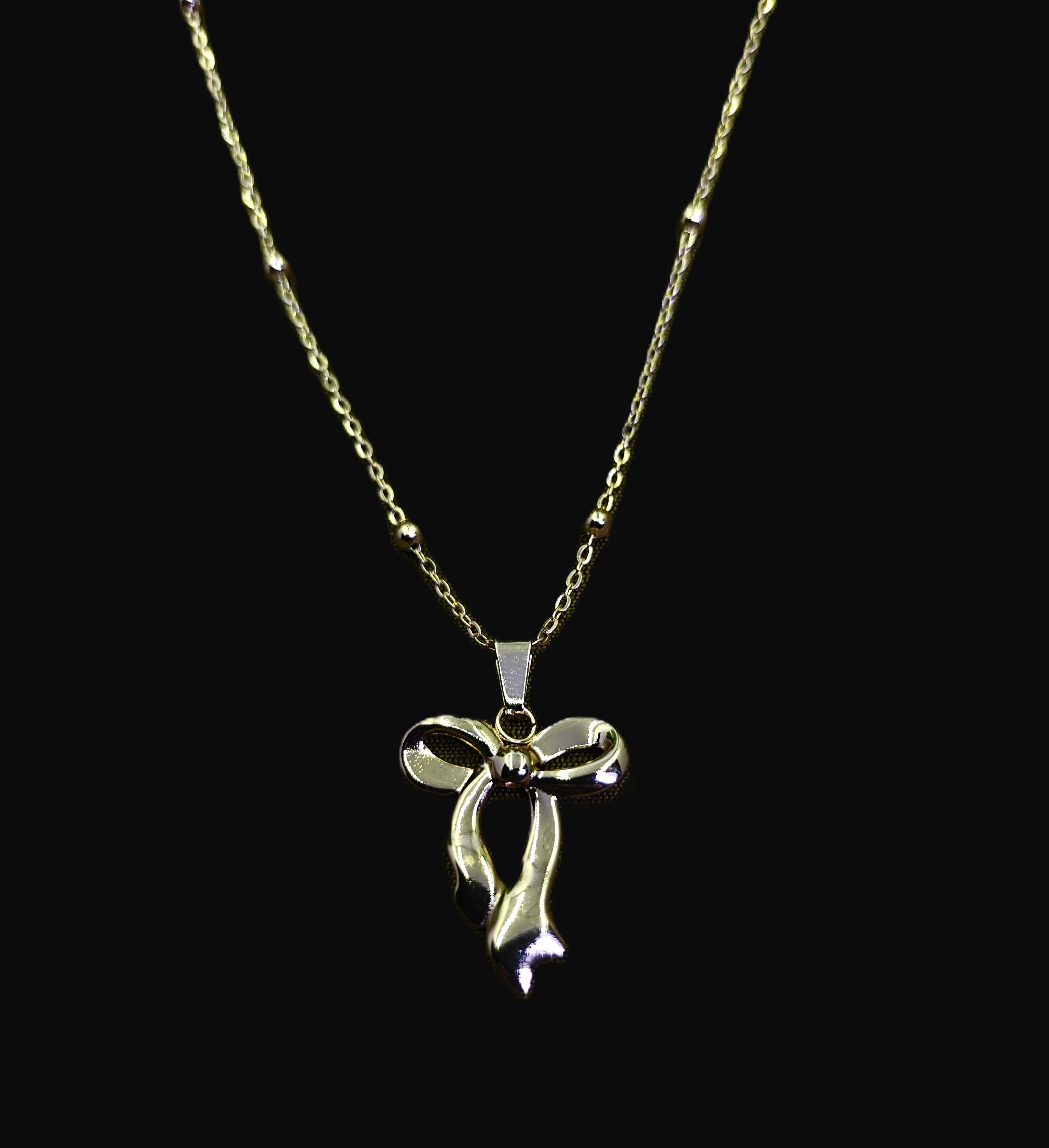 Gold-Tone Bow Pendant Stainless Steel Necklace for Women - Glossy Finish (21.5 Inches)