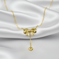 Gold-Tone Bow & Heart Drop Pendant Stainless Steel Necklace for Women - Glossy Finish (24 Inches)