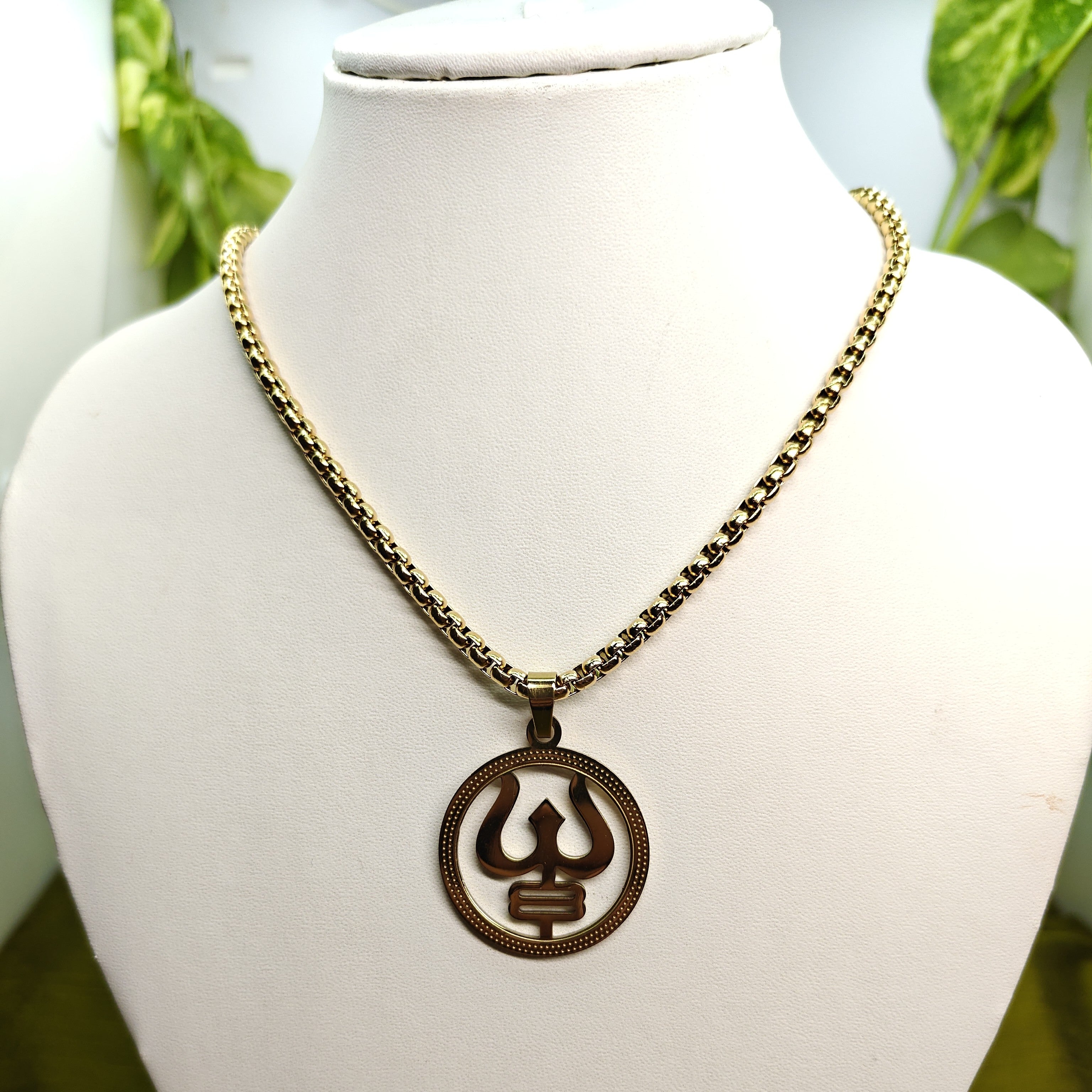 Gold-Tone Premium Trishul Pendant Box Chain for Men- Glossy Finish (24 Inch)