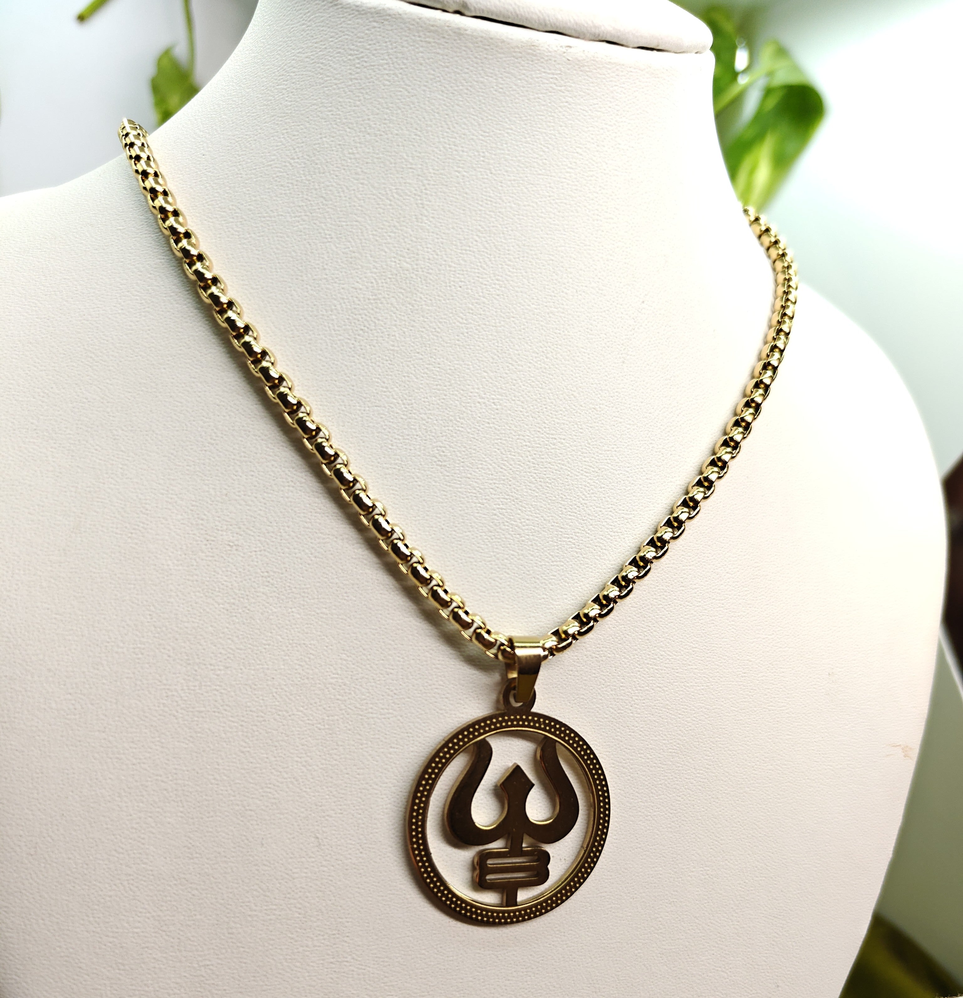 Gold-Tone Premium Trishul Pendant Box Chain for Men- Glossy Finish (24 Inch)