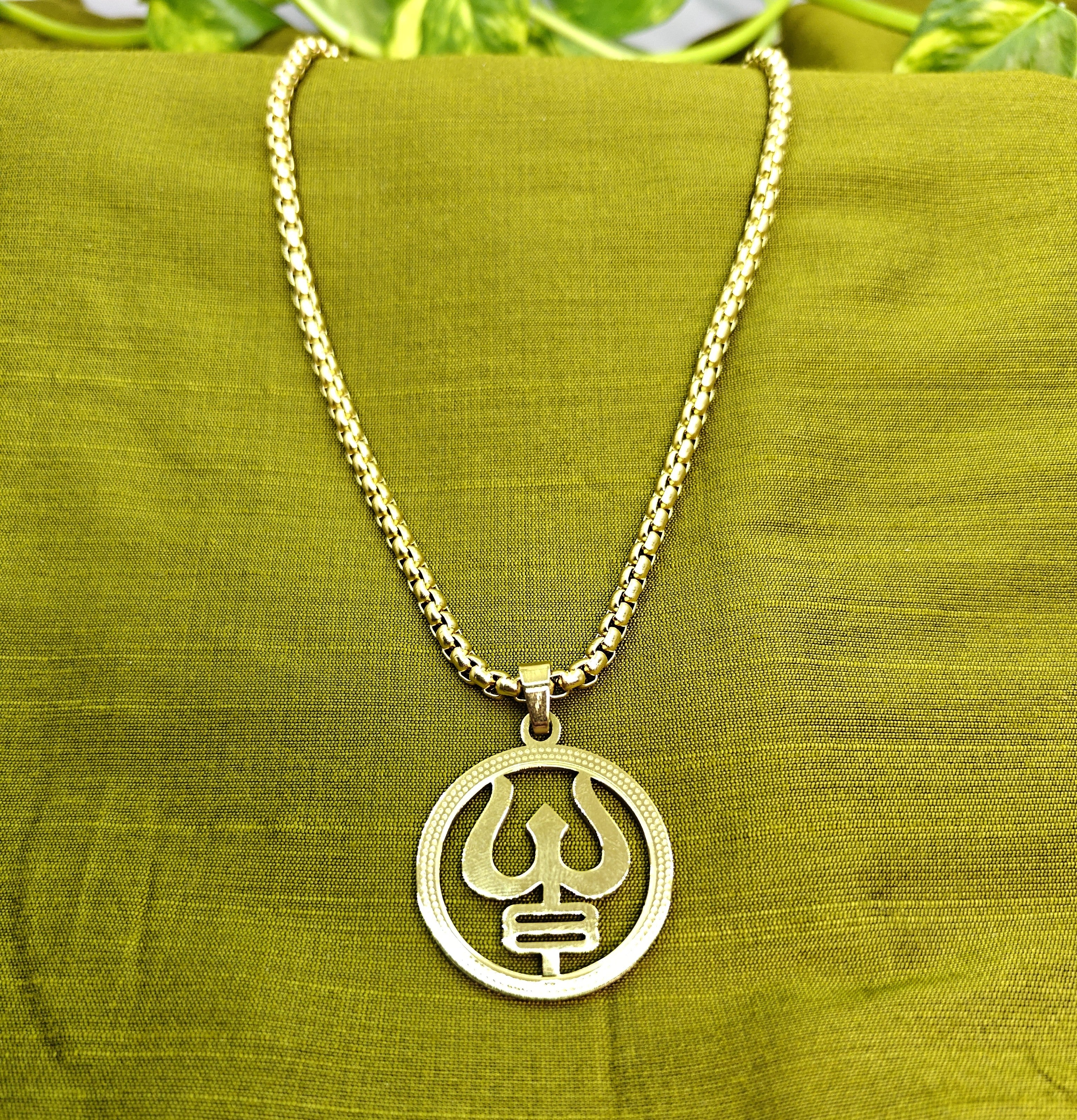 Gold-Tone Premium Trishul Pendant Box Chain for Men- Glossy Finish (24 Inch)