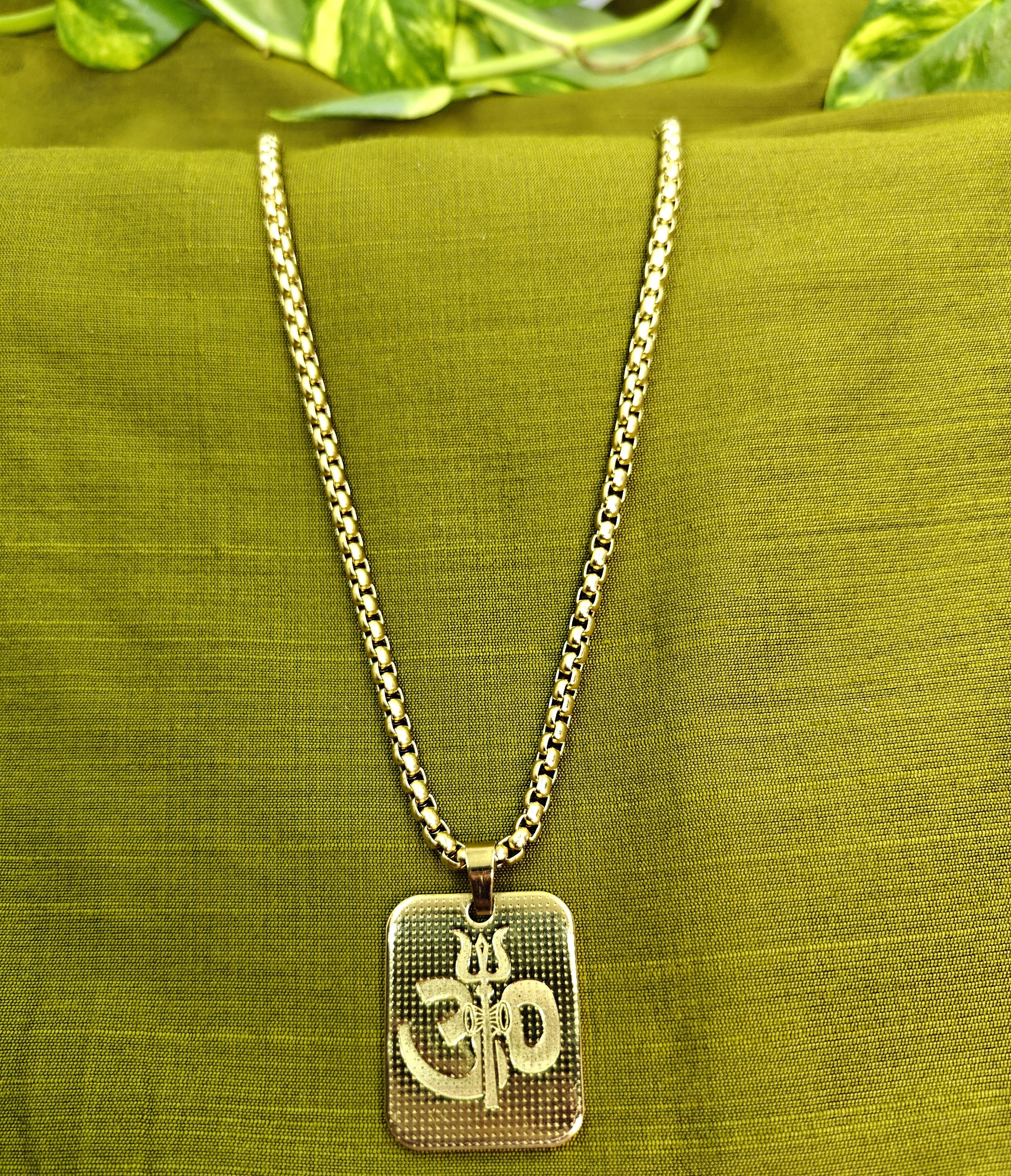 Gold-Tone Premium Om and Trishul Pendant Box Chain for Men- Glossy Finish (24 Inch)