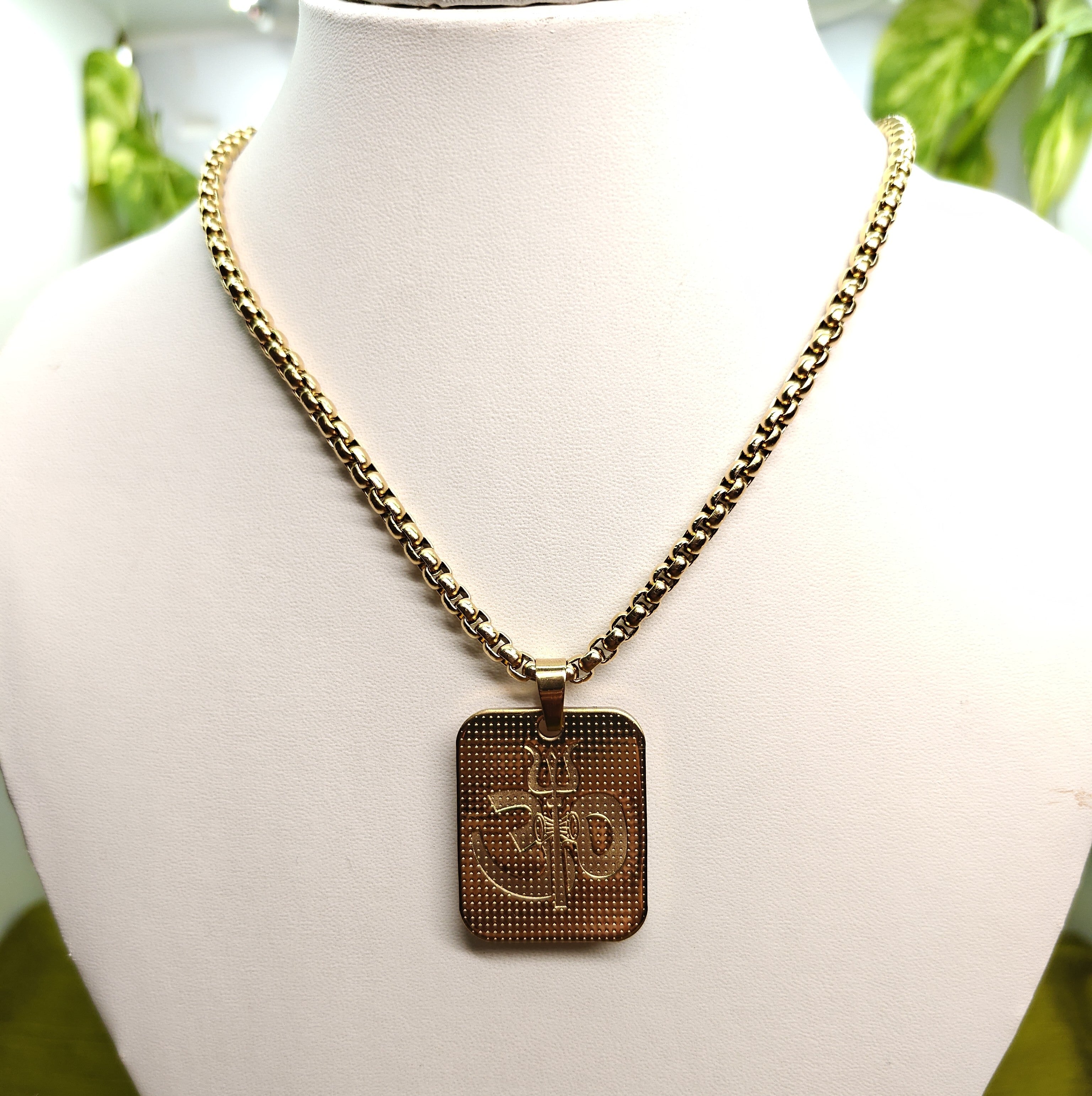 Gold-Tone Premium Om and Trishul Pendant Box Chain for Men- Glossy Finish (24 Inch)