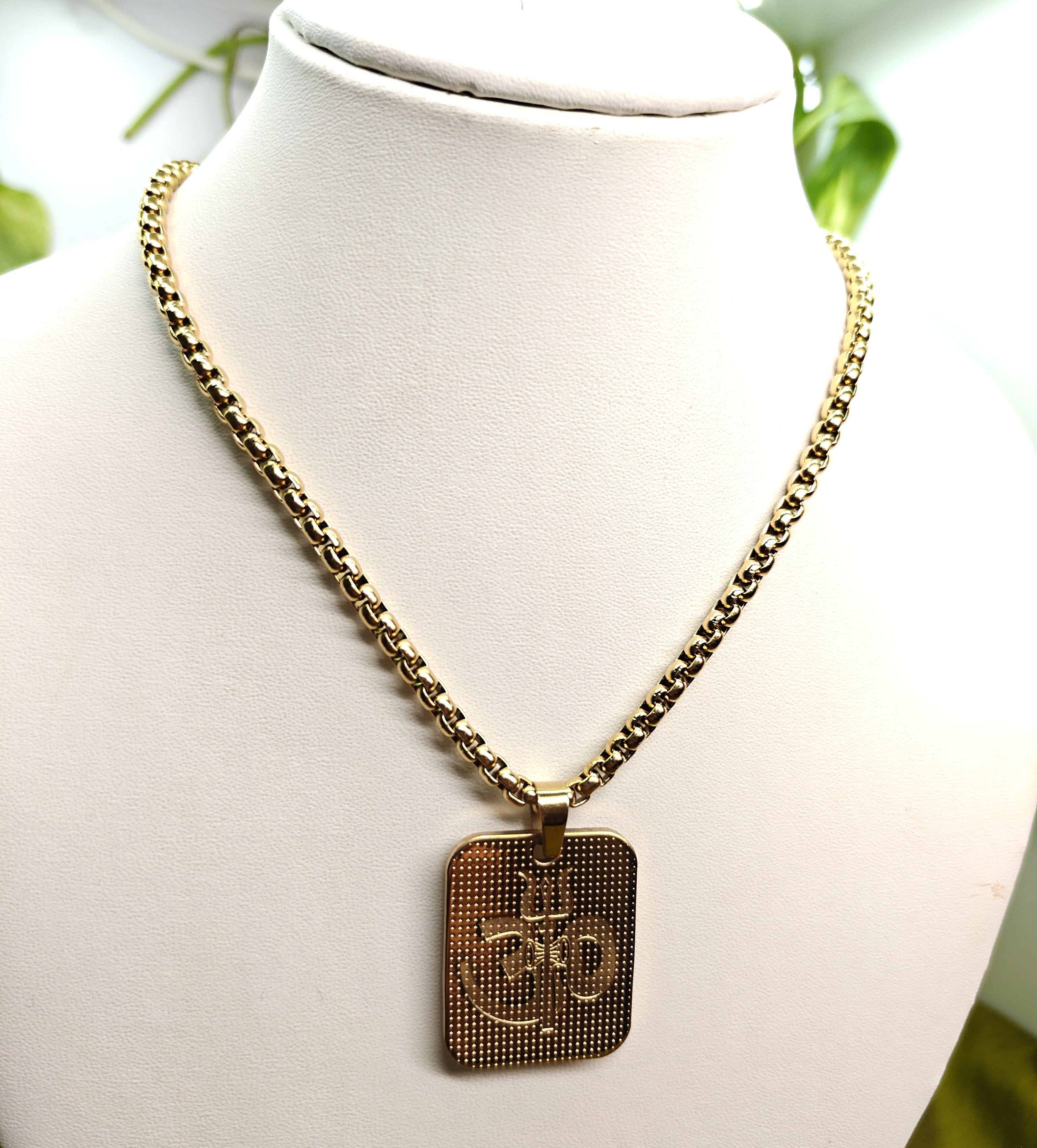 Gold-Tone Premium Om and Trishul Pendant Box Chain for Men- Glossy Finish (24 Inch)