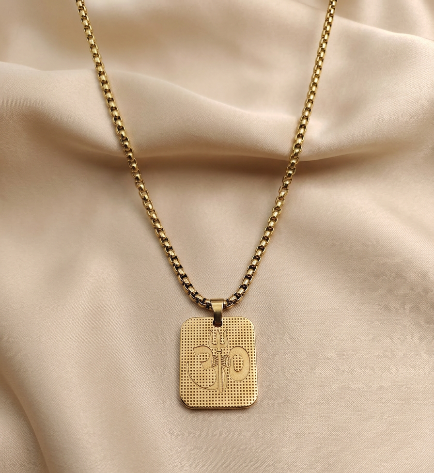 Gold-Tone Premium Om and Trishul Pendant Box Chain for Men- Glossy Finish (24 Inch)