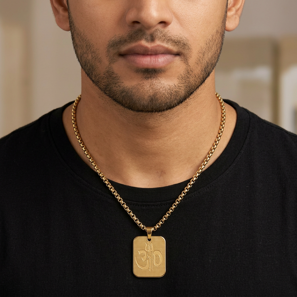 Gold-Tone Premium Om and Trishul Pendant Box Chain for Men- Glossy Finish (24 Inch)